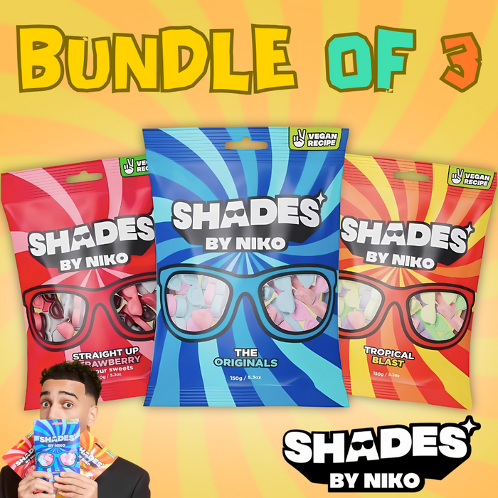 Shades by Niko Bundle – 3 x 150g Vegan & Halal Sweets (Tropical Blast, Strawberry, Originals)